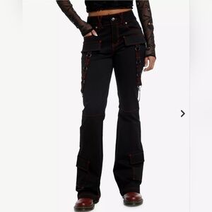 Hot Topic Black and Red Contrast Stitch Strap Flare Pants, New Condition